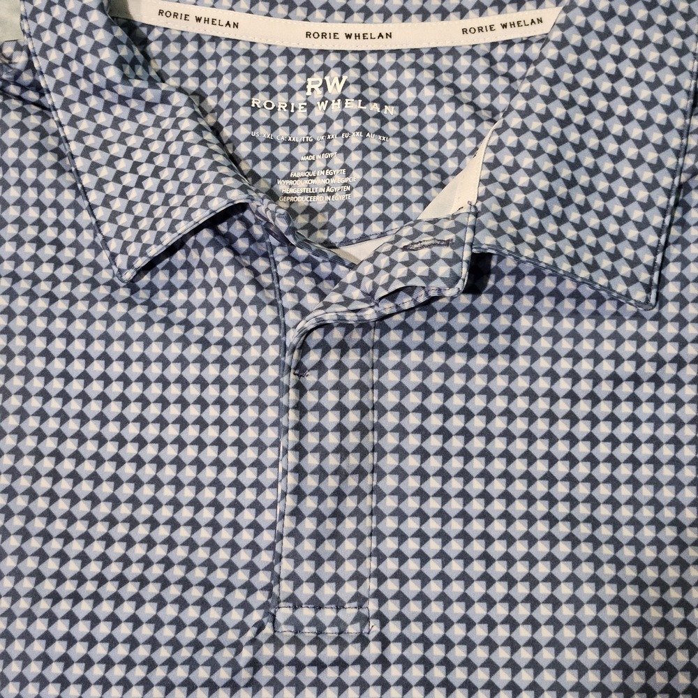 Rorie Whelan Mens XXL Performance Golf Polo Blue White Geometric All Over Print